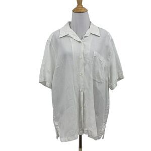 Edward Shirt Womens XL Extra Large White Linen Button Front Short Sleeve Collar